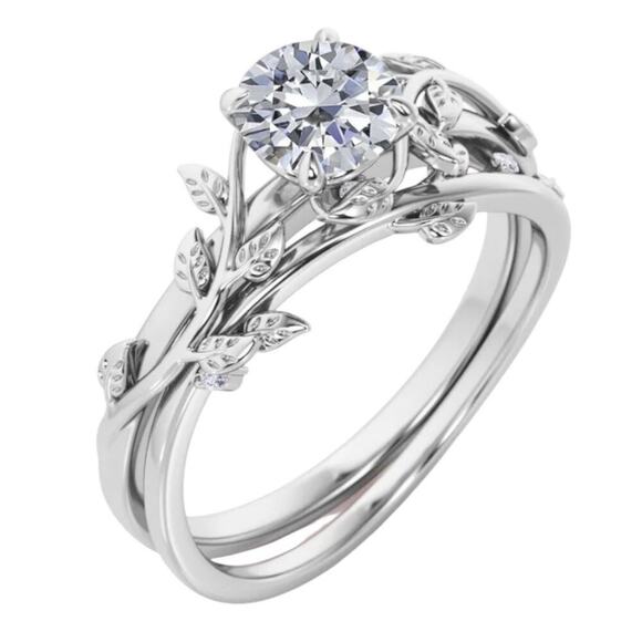 JeenMata Leaf CZ Engagement Ring 0.50 CT Round Cut 18K White Gold Silver Size 5 - Picture 3 of 10